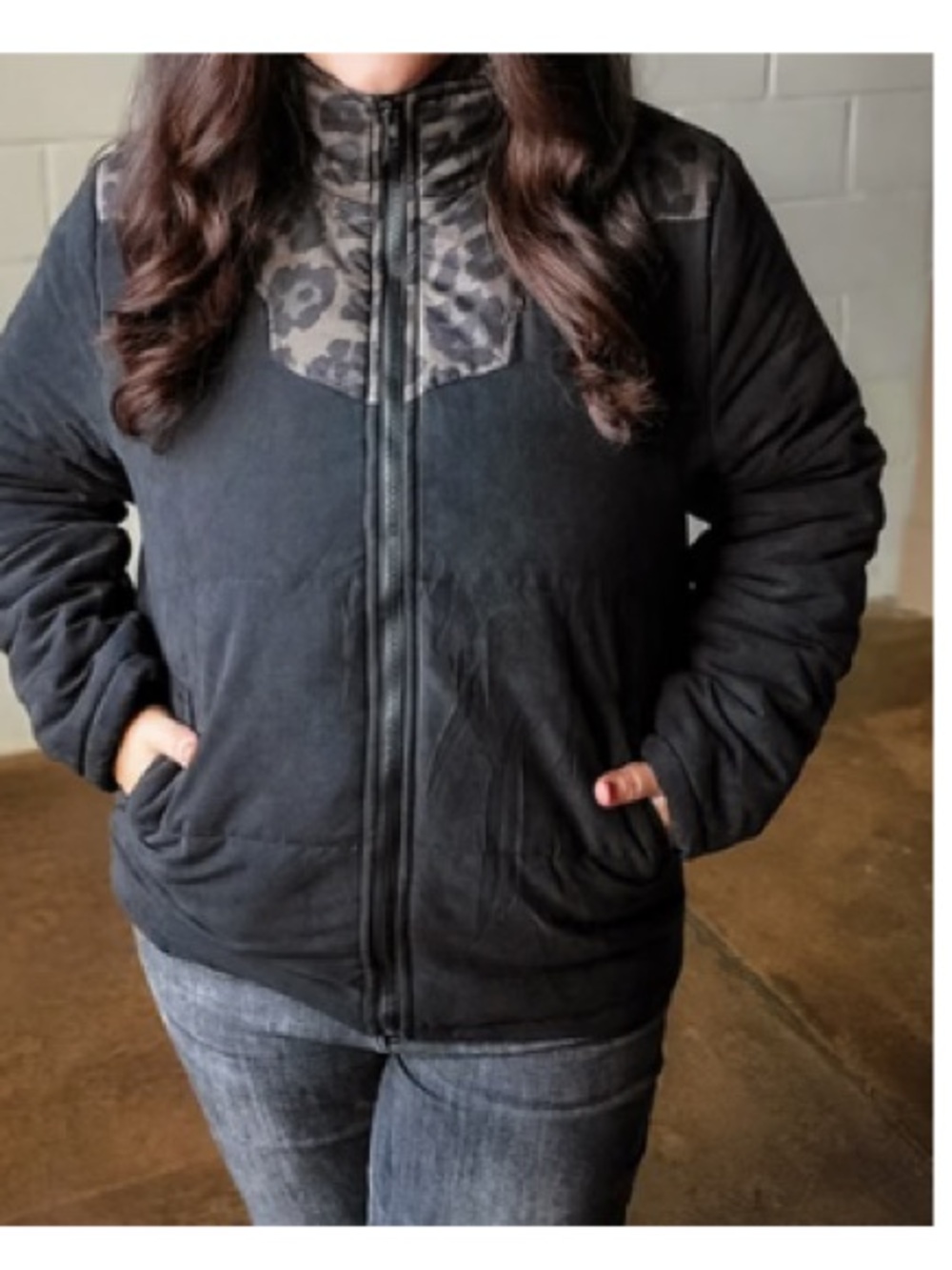 Crazy Train Black Quilted Puffer with Leopard Yoke